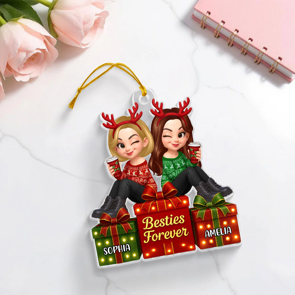 Besties Forever Beautiful Marquee Pattern Effect Gift Box Christmas - Personalized Acrylic Ornament - Image 5