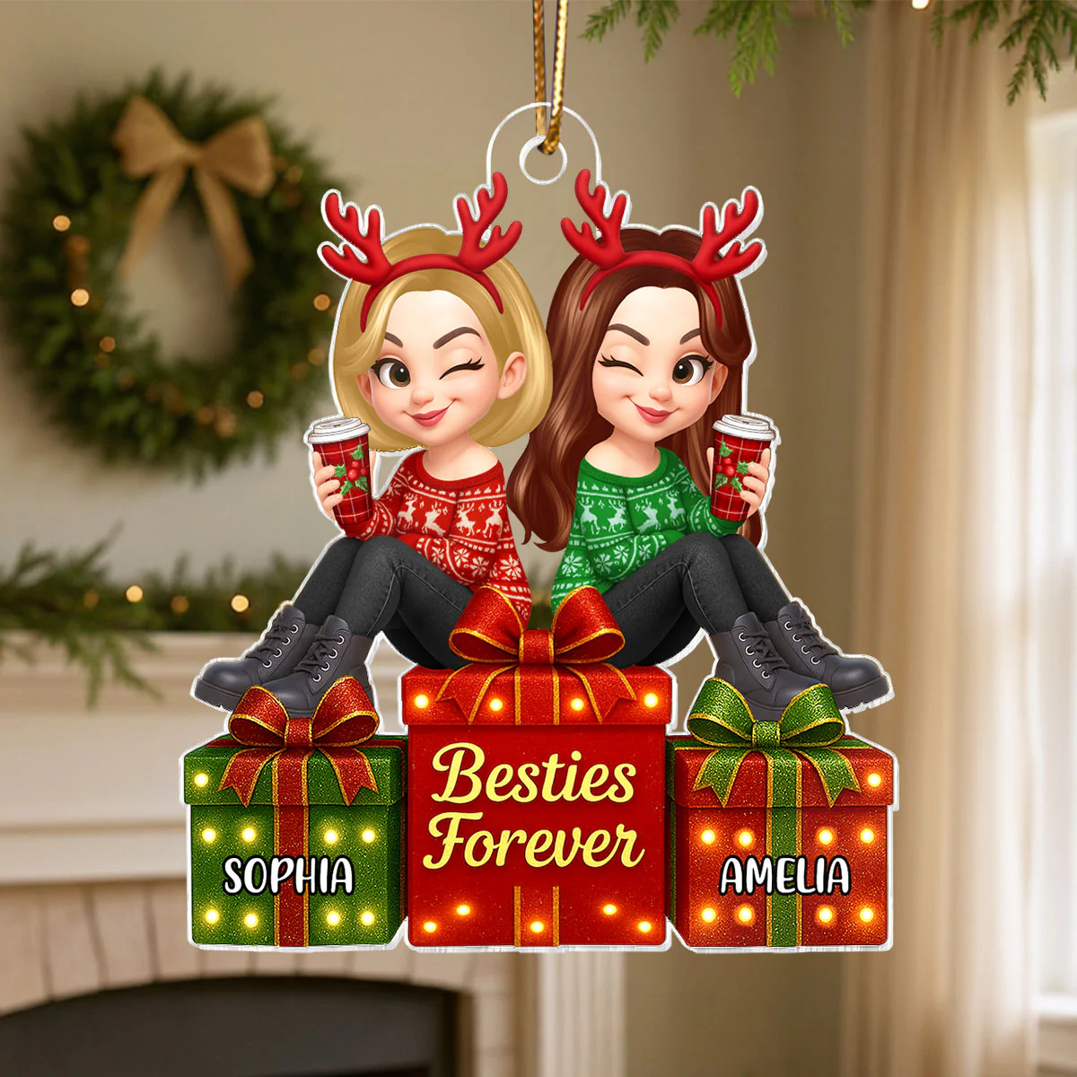 Besties Forever Beautiful Marquee Pattern Effect Gift Box Christmas - Personalized Acrylic Ornament - Image 7