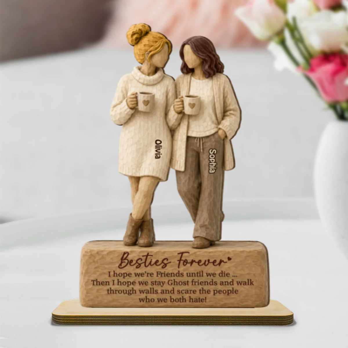 Besties Forever Coffee Date Girls 2D Flat - Personalized 2-Layered Wooden Plaque - Friendship Keepsake - Image 9