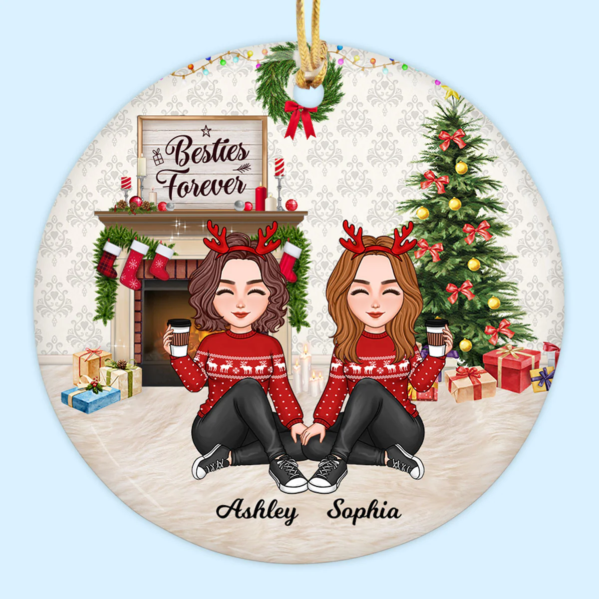 Besties Forever Cute Doll Girls At Fireplace Personalized Circle Ornament