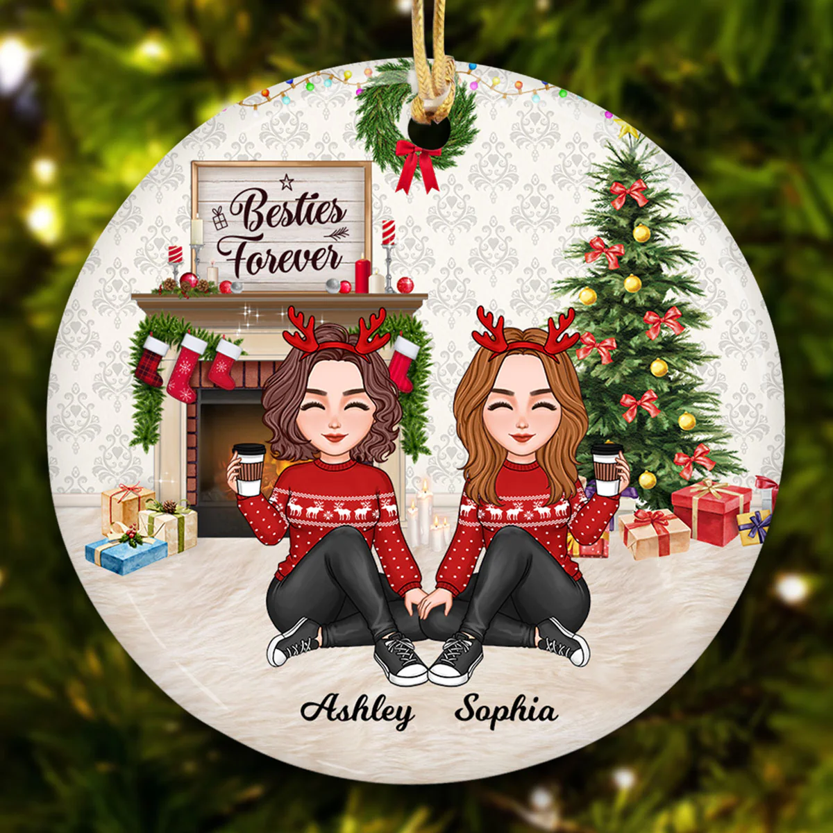 Besties Forever Cute Doll Girls At Fireplace Personalized Circle Ornament - Image 2