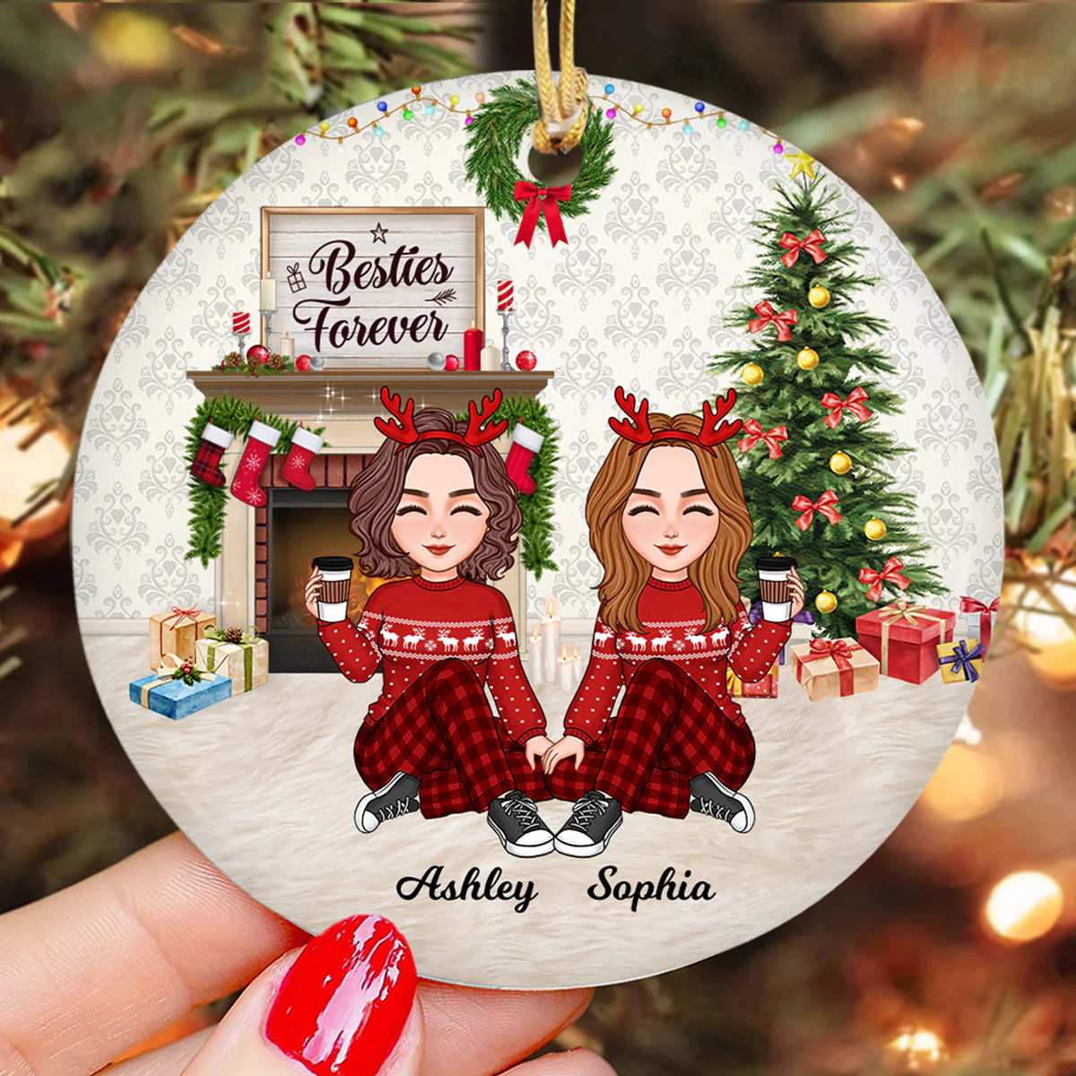 Besties Forever Cute Doll Girls At Fireplace Personalized Circle Ornament - Image 3