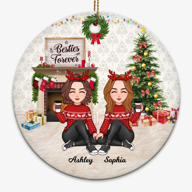 Besties Forever Cute Doll Girls At Fireplace Personalized Circle Ornament - Image 5