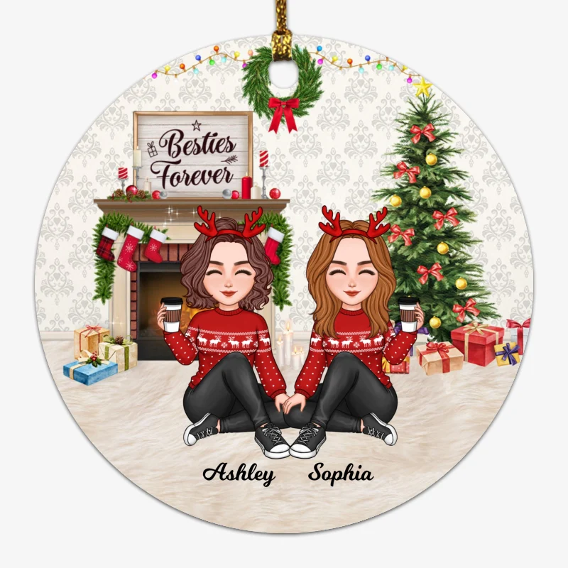 Besties Forever Cute Doll Girls At Fireplace Personalized Circle Ornament - Image 6