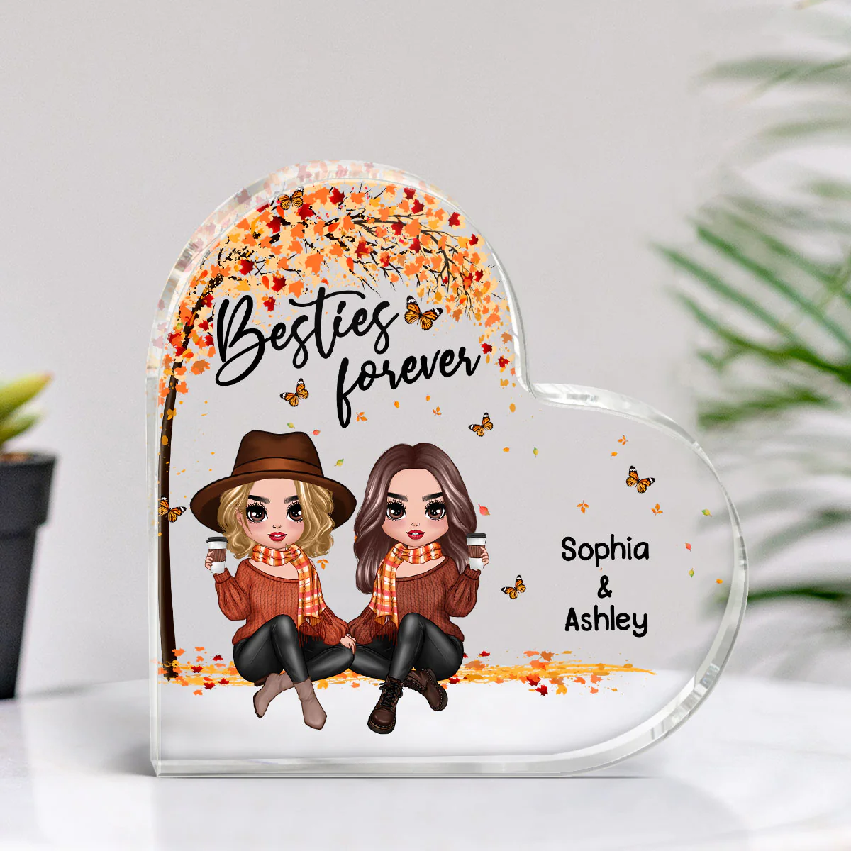 Besties Forever Doll Besties Sisters Sitting Under Tree Fall Season Personalized Heart Acrylic Plaque - Image 3