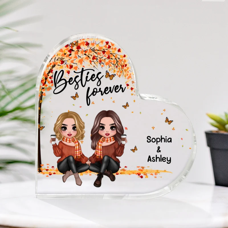 Besties Forever Doll Besties Sisters Sitting Under Tree Fall Season Personalized Heart Acrylic Plaque - Image 4