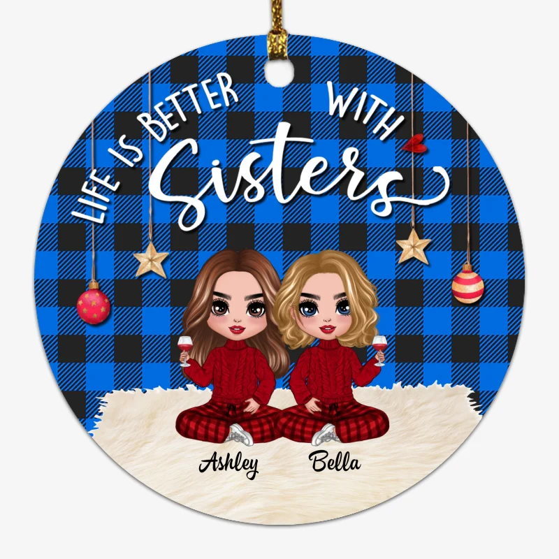 Besties Forever Doll Sisters Checkered Pants Christmas Personalized Circle Ornament - Image 2