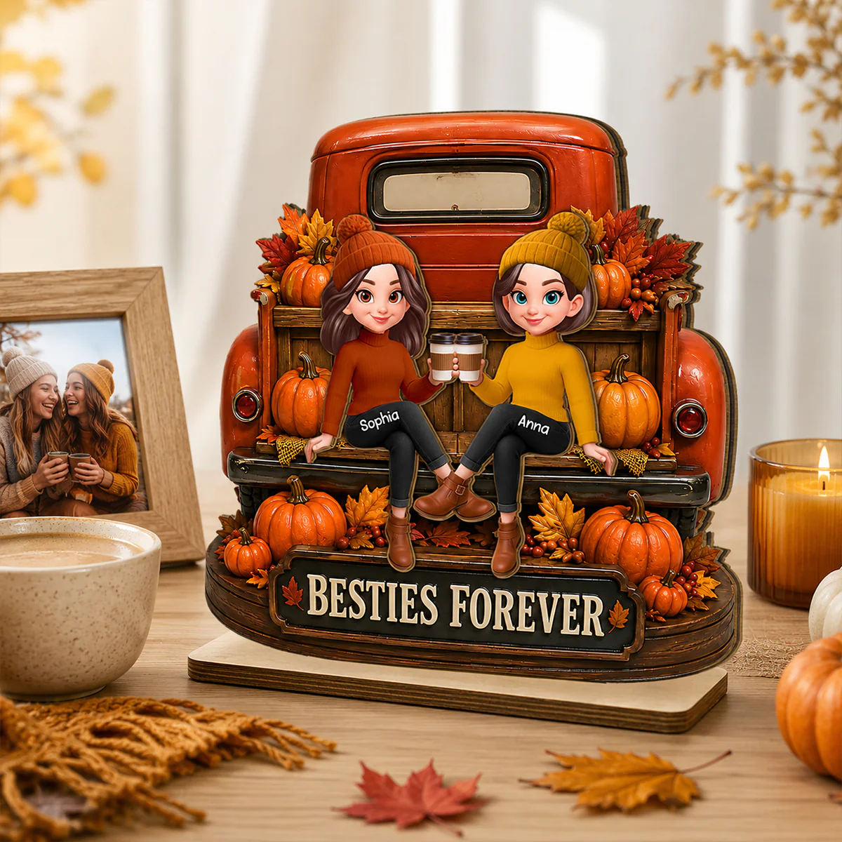 Besties Forever Fall Truck - Personalized 2-Layered Wooden Plaque - Fall Gift For Best Friends - Image 5
