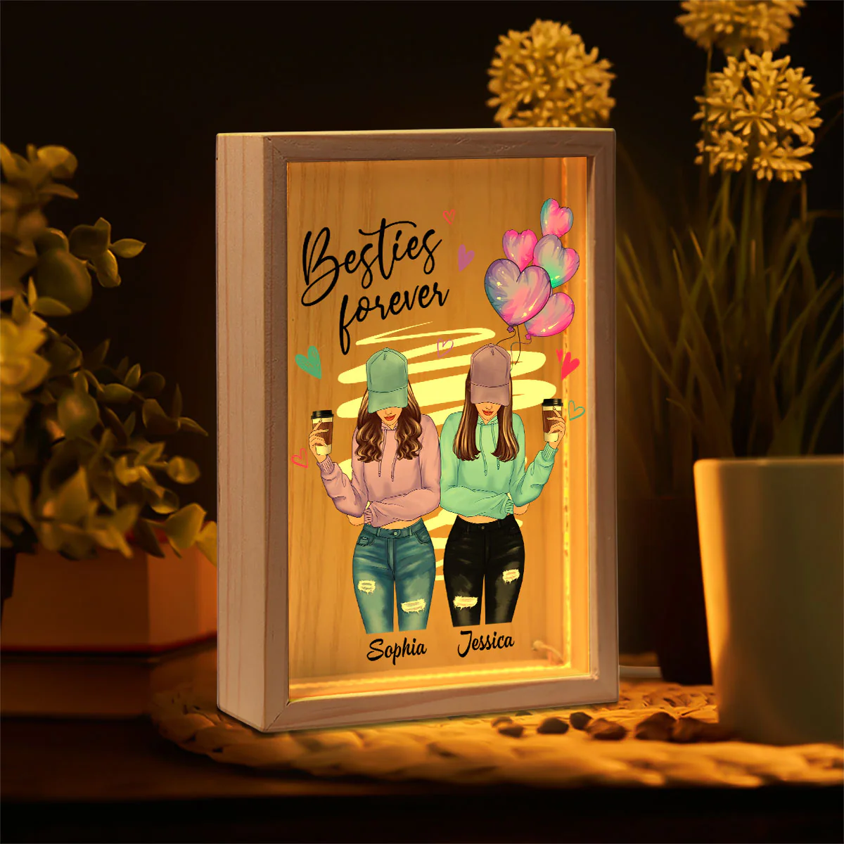Besties Forever Front View Besties Personalized Wooden Frame Light Box - Image 3