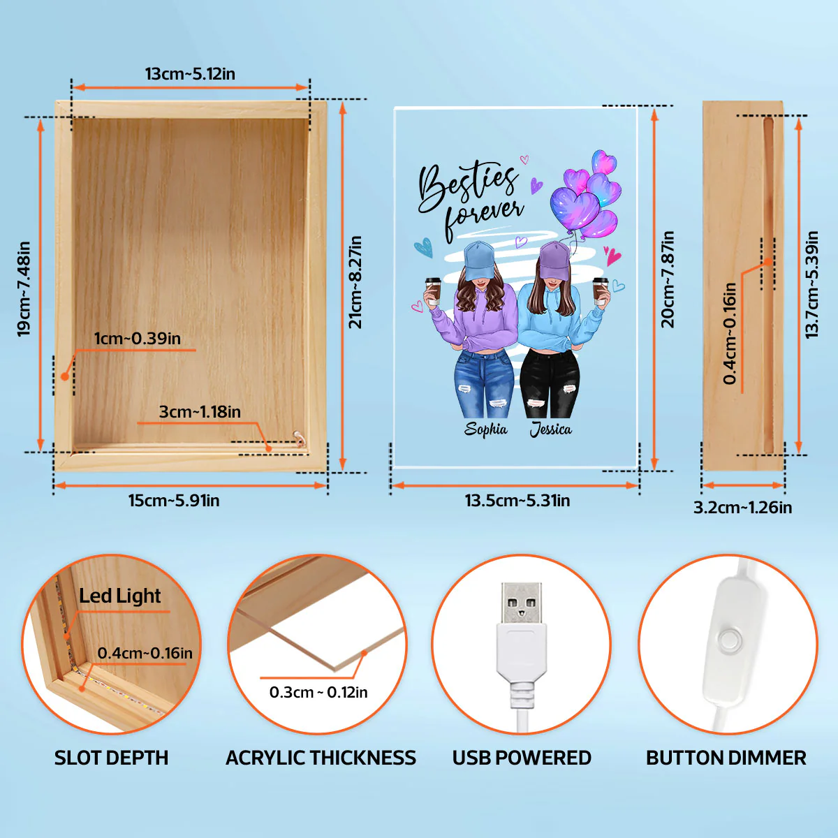 Besties Forever Front View Besties Personalized Wooden Frame Light Box - Image 5