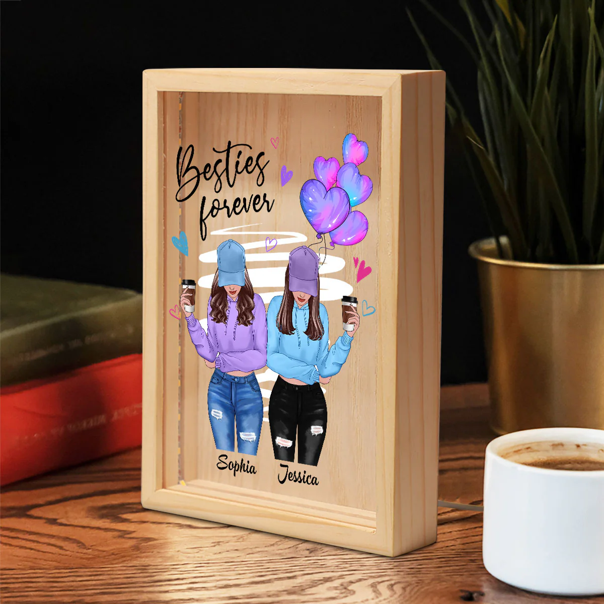 Besties Forever Front View Besties Personalized Wooden Frame Light Box - Image 6