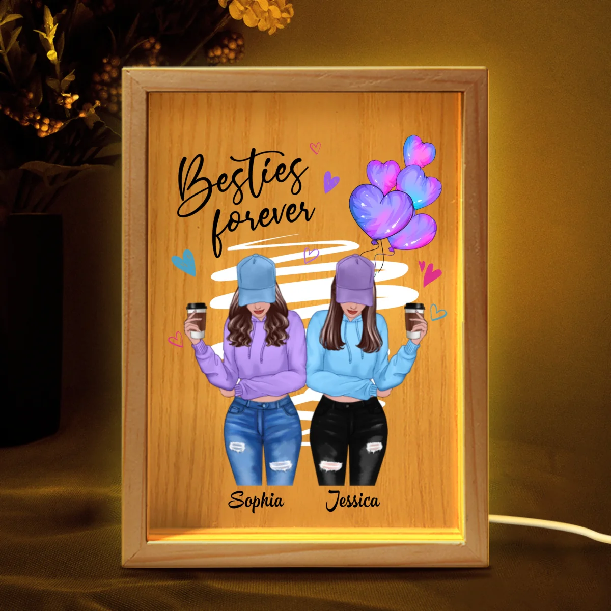 Besties Forever Front View Besties Personalized Wooden Frame Light Box - Image 8