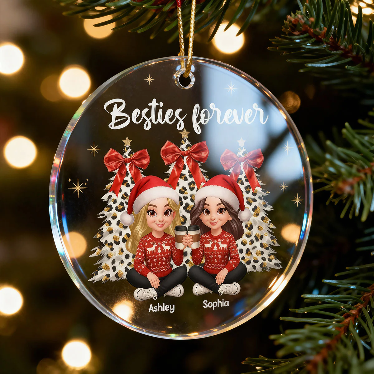 Besties Forever Leopard Coquette Christmas Tree - Personalized Acrylic Ornament - Image 10