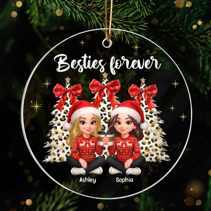 Besties Forever Leopard Coquette Christmas Tree - Personalized Acrylic Ornament - Image 11