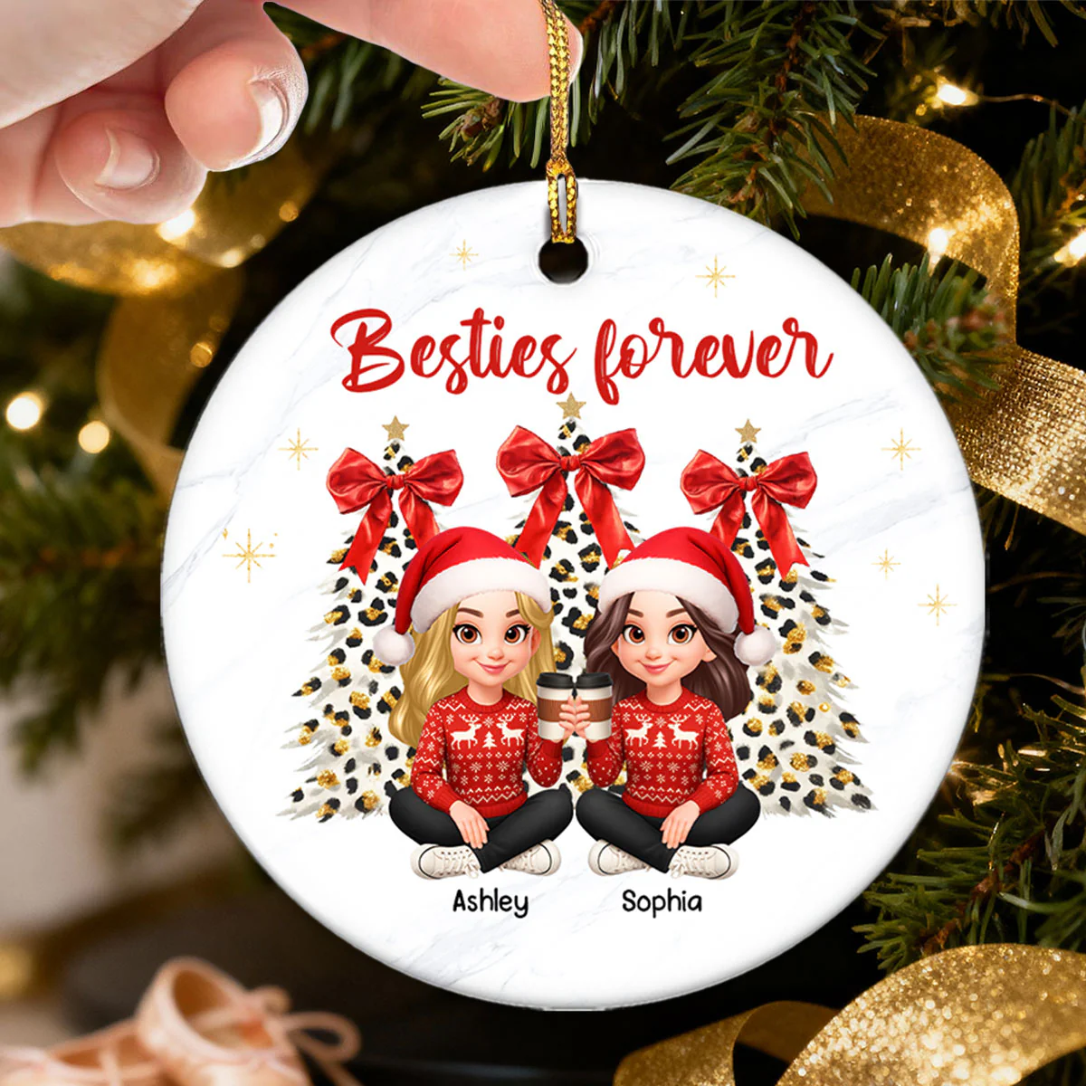 Besties Forever Leopard Coquette Christmas Tree - Personalized Ceramic Ornament - Image 2