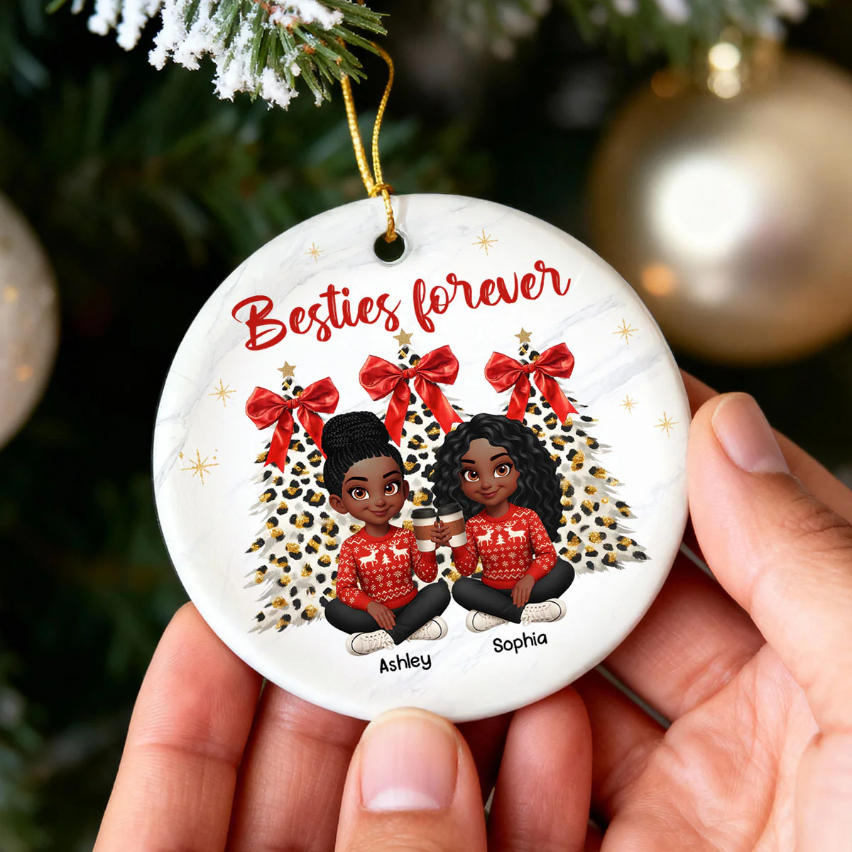 Besties Forever Leopard Coquette Christmas Tree - Personalized Ceramic Ornament - Image 3
