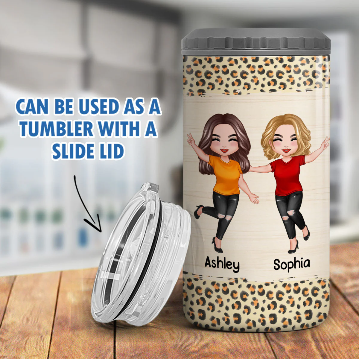 Besties Forever Leopard Wood Texture Personalized Multipurpose Tumbler 4 In 1 Can Cooler - Image 7