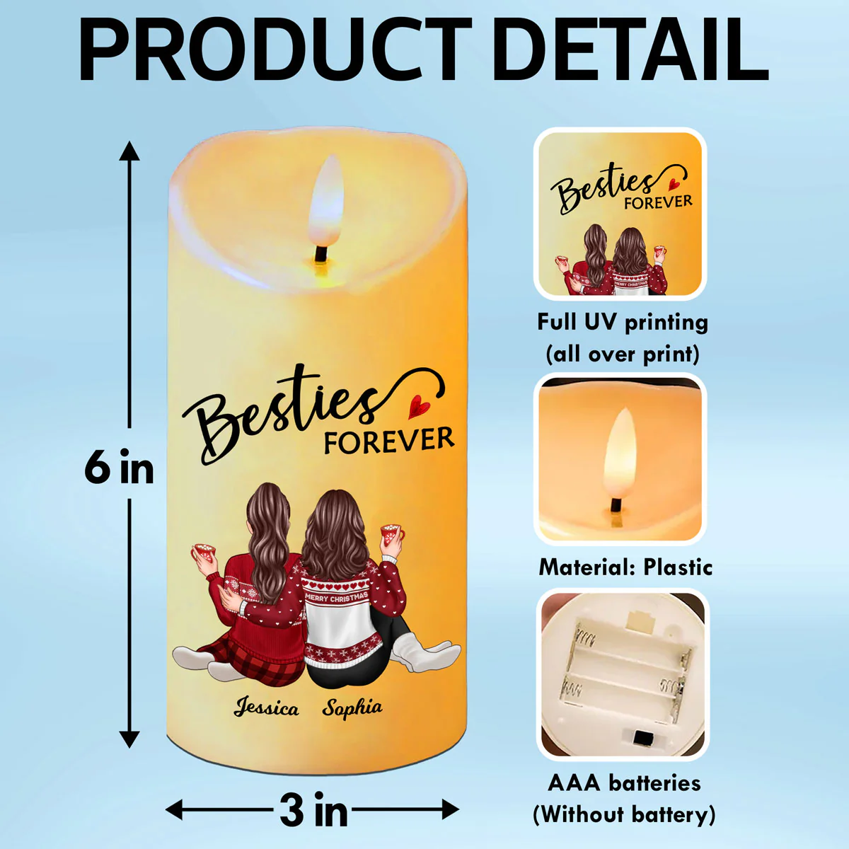 Besties Forever Message Christmas Besties Back View Personalized LED Candle - Image 7