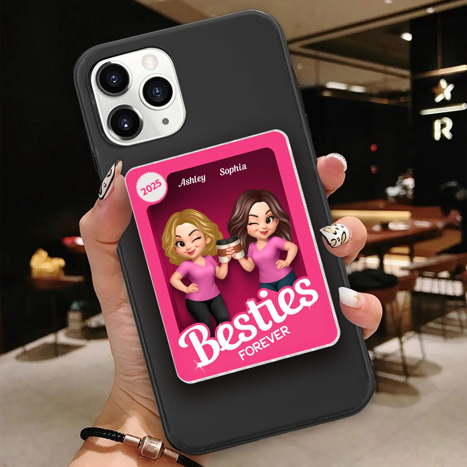 Besties Forever Pink 3D Effect Action Figure – Personalized Acrylic Magnetic Phone Grip – Gift for Best Friends, Matching Phone Grips - Image 2