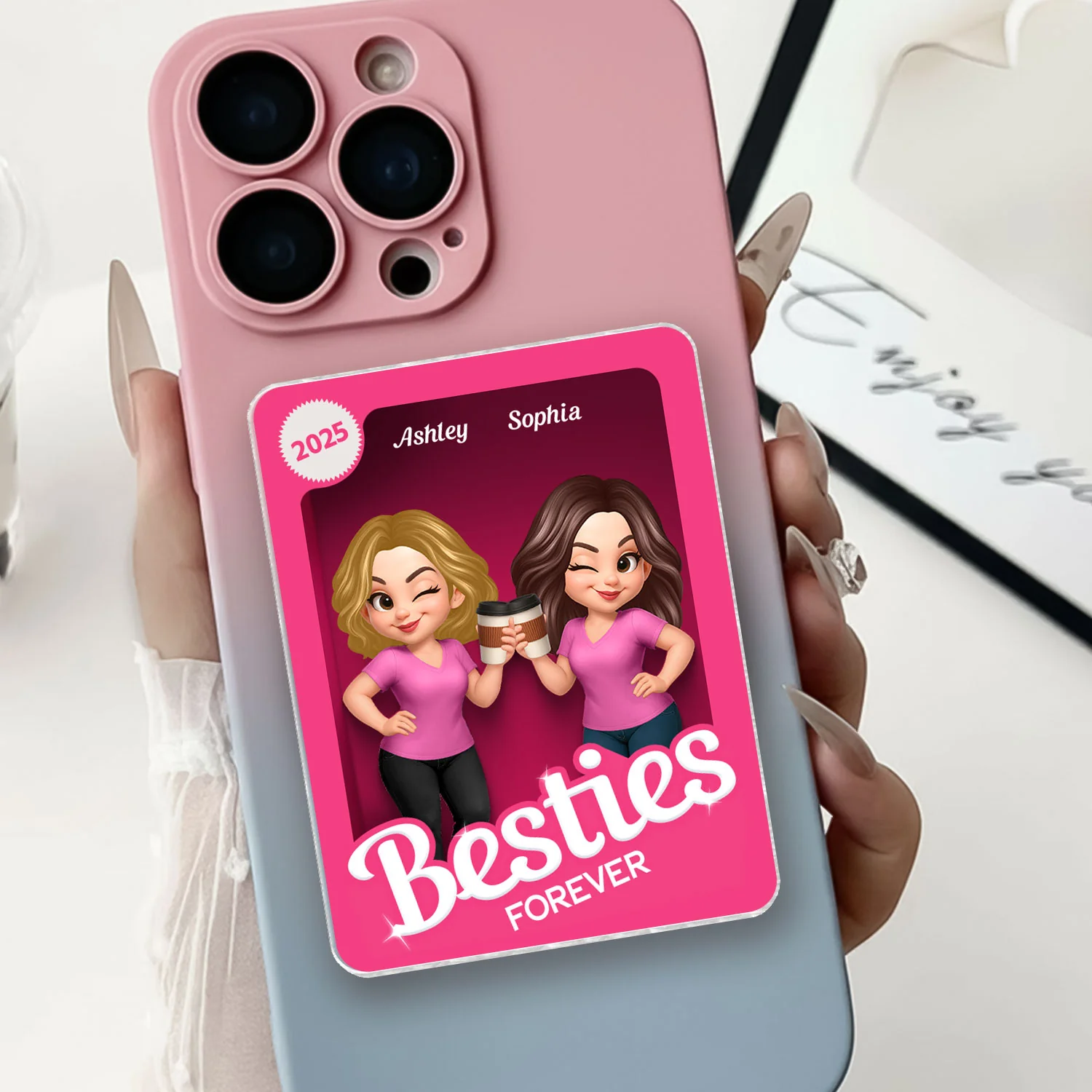 Besties Forever Pink 3D Effect Action Figure – Personalized Acrylic Magnetic Phone Grip – Gift for Best Friends, Matching Phone Grips - Image 6