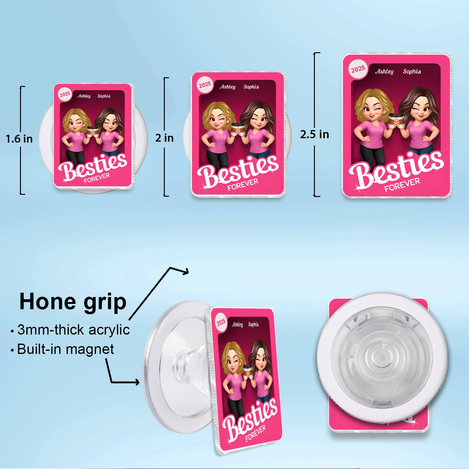 Besties Forever Pink 3D Effect Action Figure – Personalized Acrylic Magnetic Phone Grip – Gift for Best Friends, Matching Phone Grips - Image 8