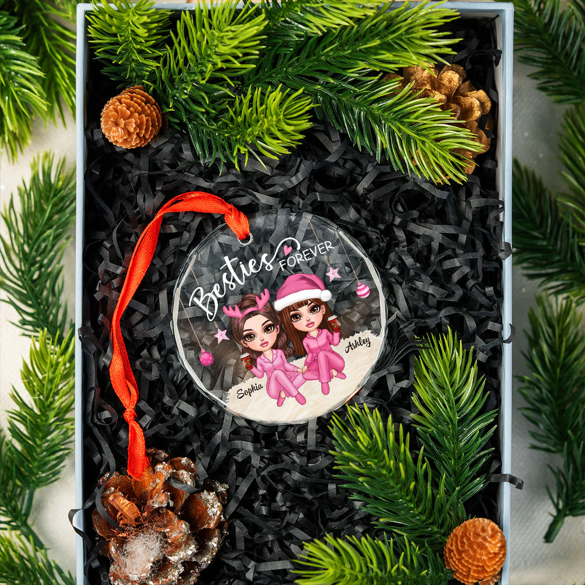 Besties Forever Pink Clothes Y2K Best Friends Personalized Glass Ornament, Friendship Christmas Gift - Image 10