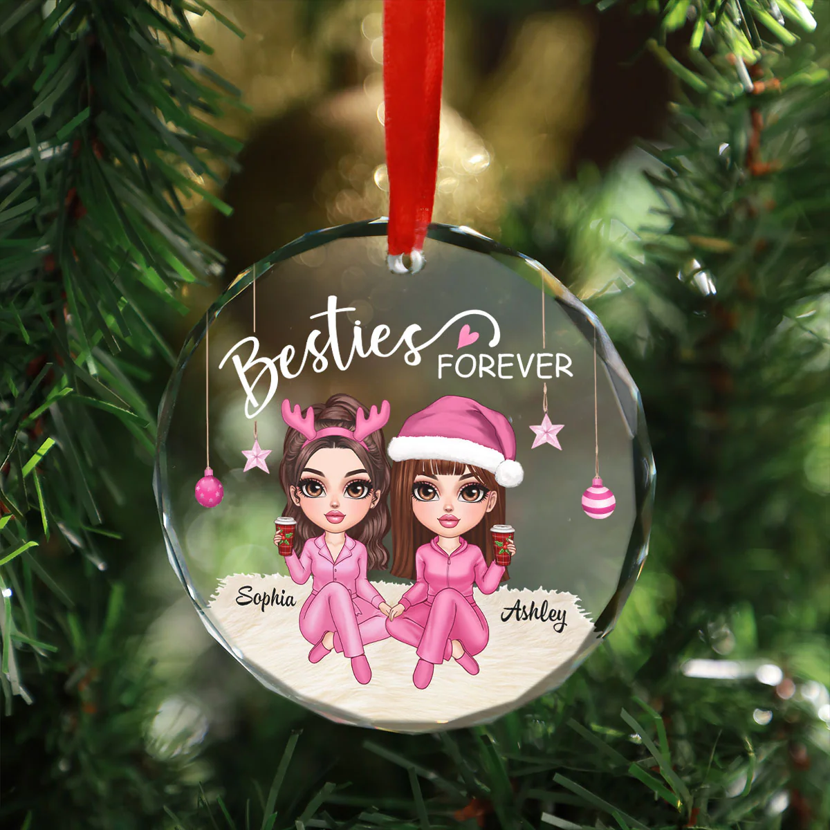 Besties Forever Pink Clothes Y2K Best Friends Personalized Glass Ornament, Friendship Christmas Gift - Image 5