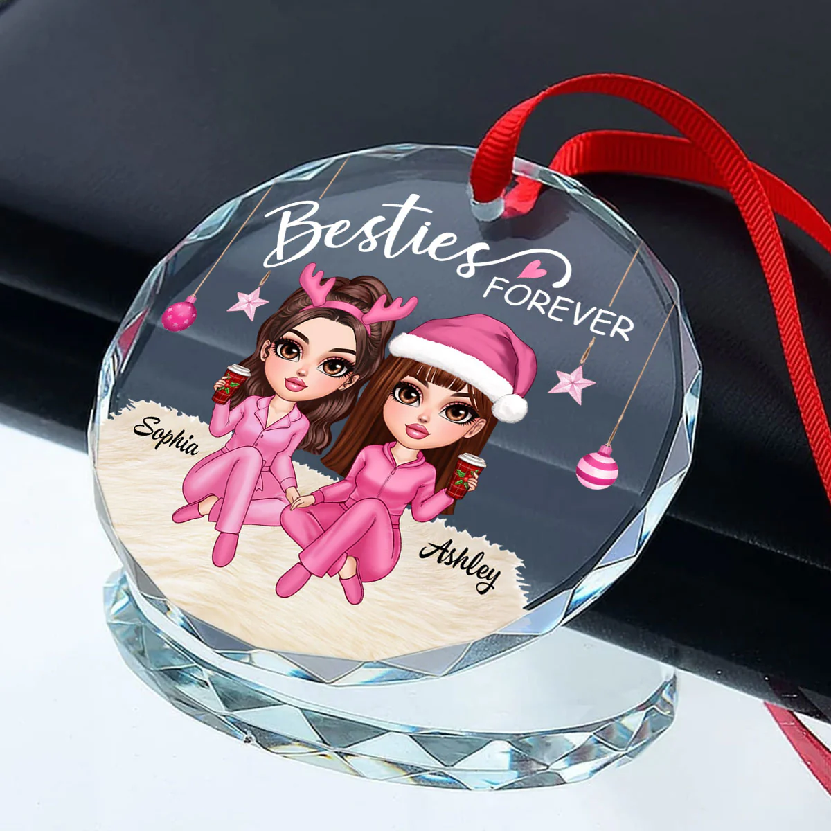 Besties Forever Pink Clothes Y2K Best Friends Personalized Glass Ornament, Friendship Christmas Gift - Image 6