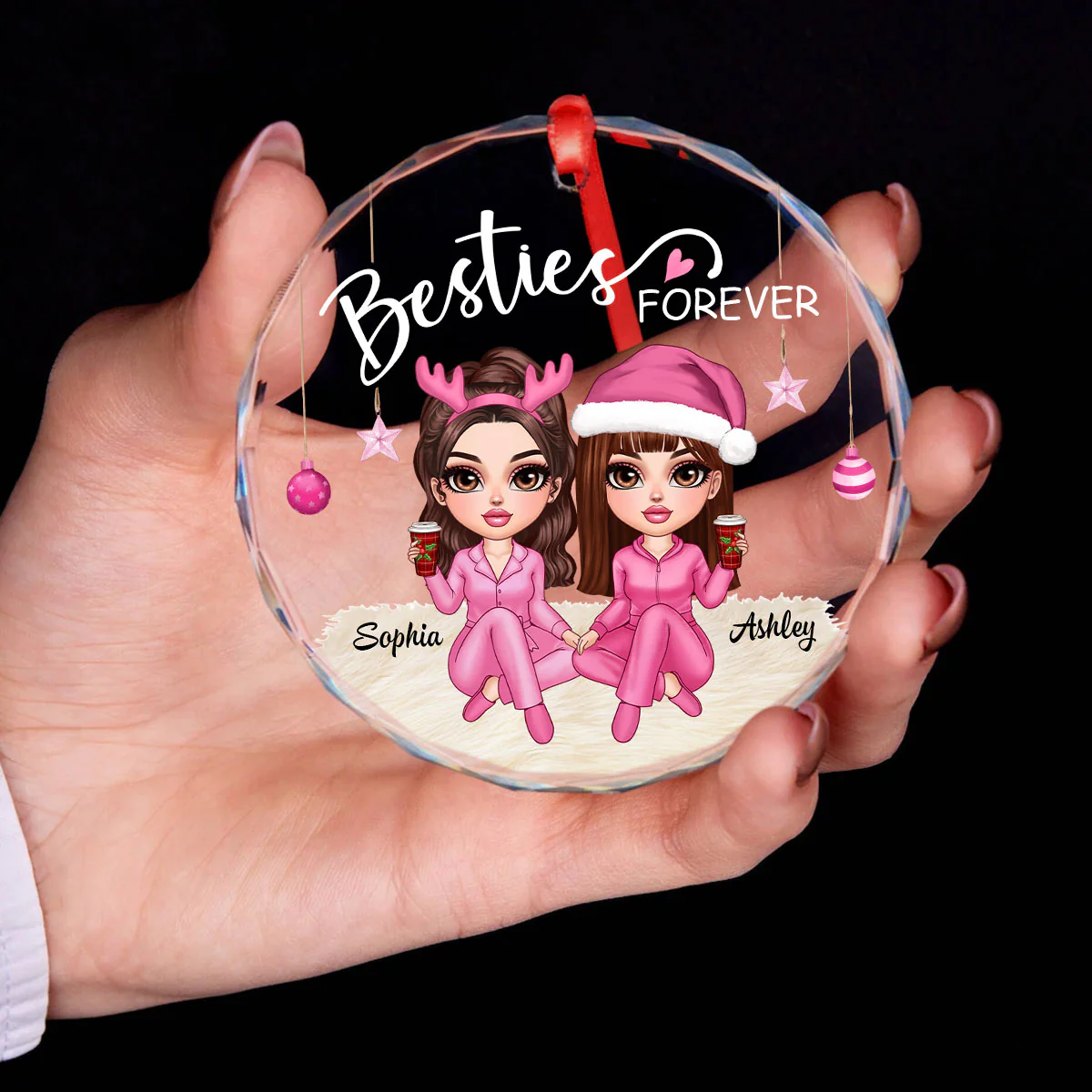 Besties Forever Pink Clothes Y2K Best Friends Personalized Glass Ornament, Friendship Christmas Gift - Image 8