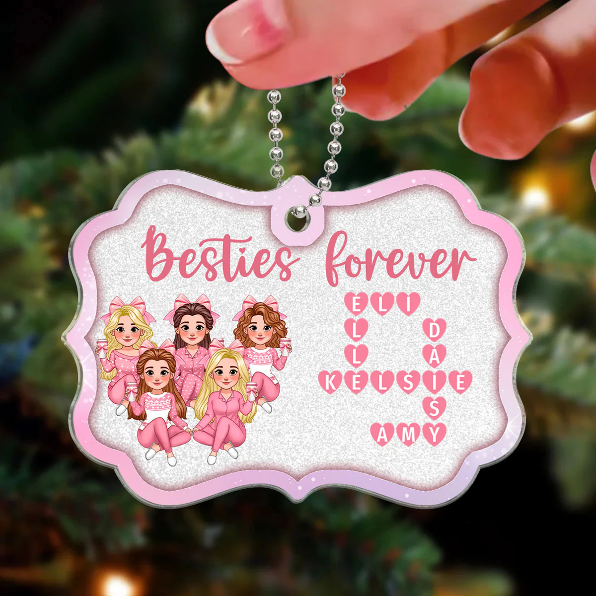 Besties Forever Pink Theme Heart Crossword Personalized Acrylic Ornament - Image 3