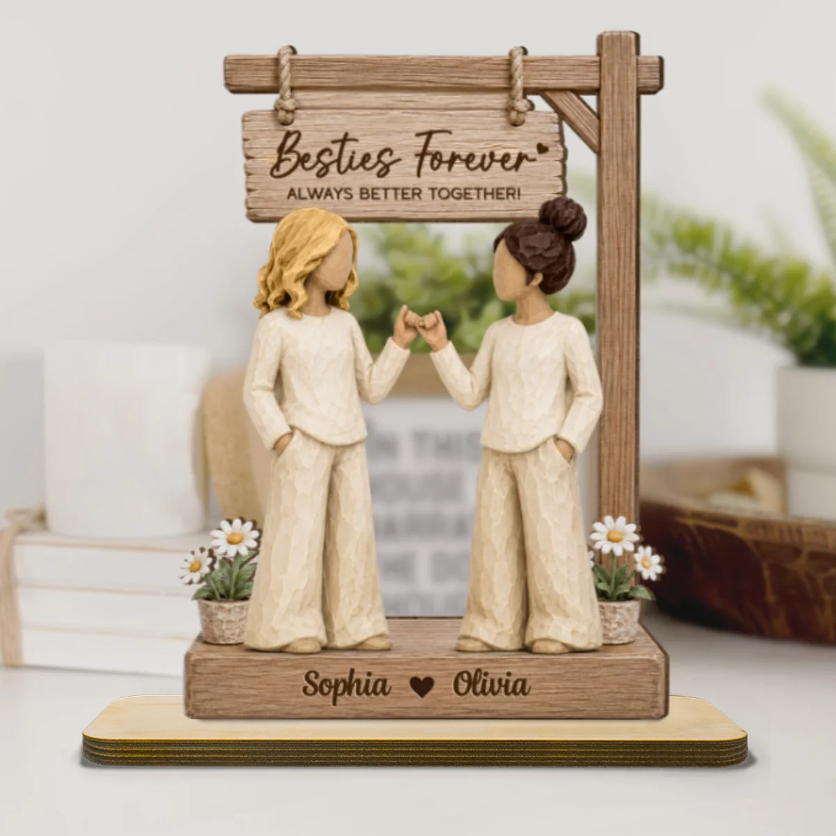 Besties Forever Pinky Promise Under Sign Post 2D Flat - Personalized 2-Layered Wooden Plaque - Friendship Keepsake - Image 9