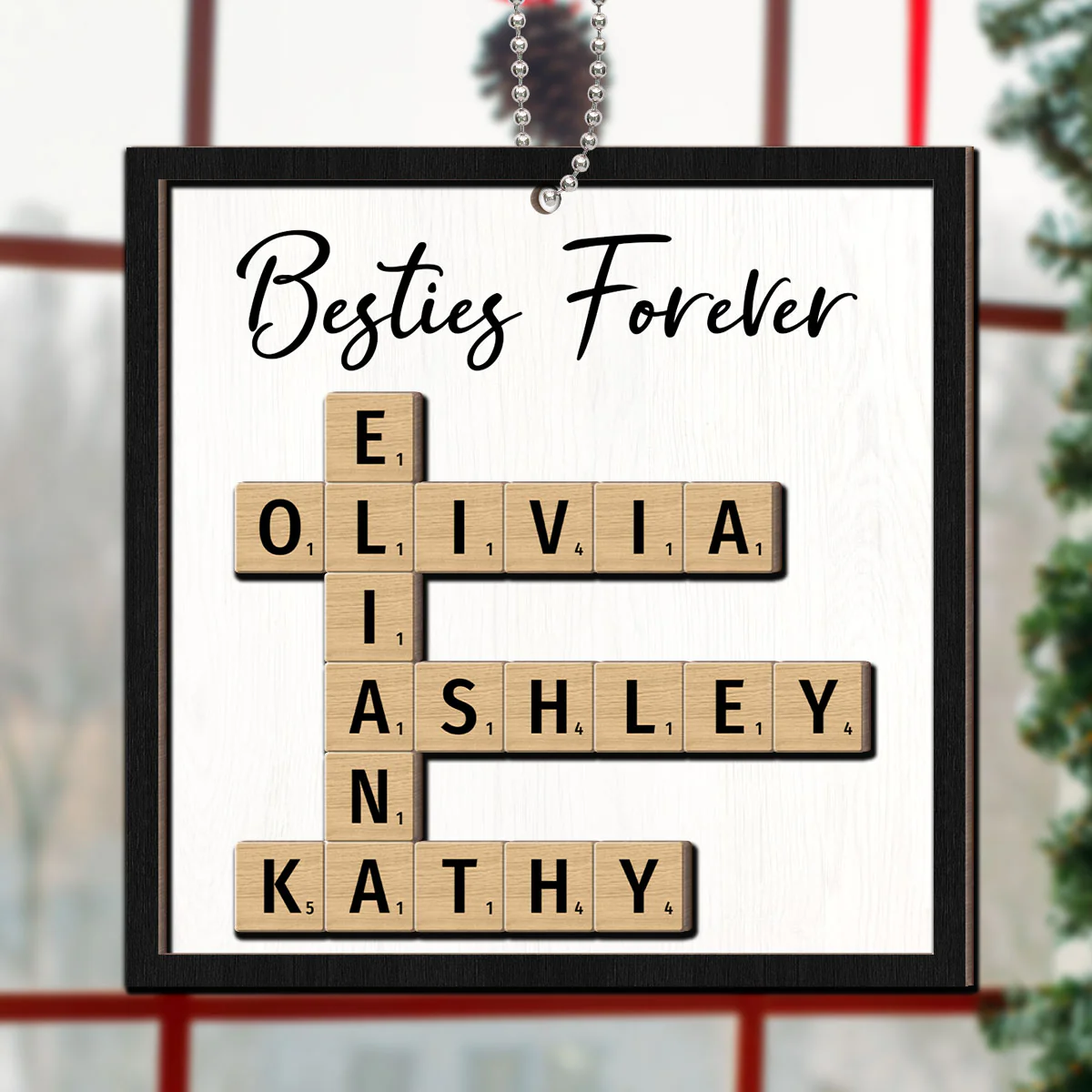 Besties Forever Unique Crossword Puzzle Art Christmas Gift For Best Friends Personalized 2-Layer Wooden Ornament - Image 3