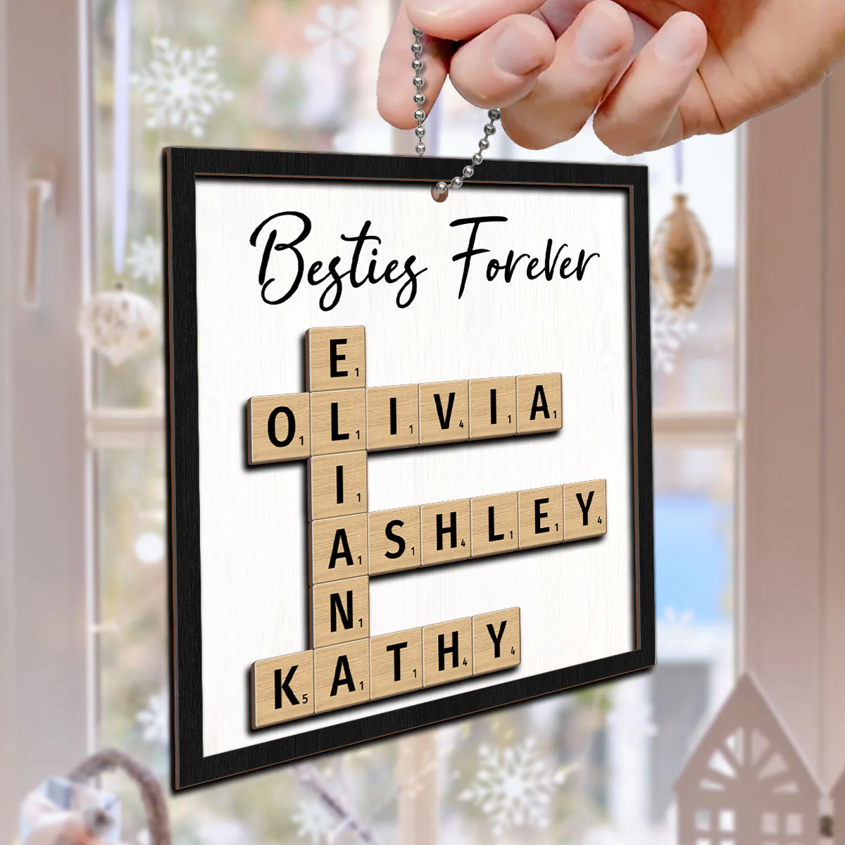 Besties Forever Unique Crossword Puzzle Art Christmas Gift For Best Friends Personalized 2-Layer Wooden Ornament - Image 4