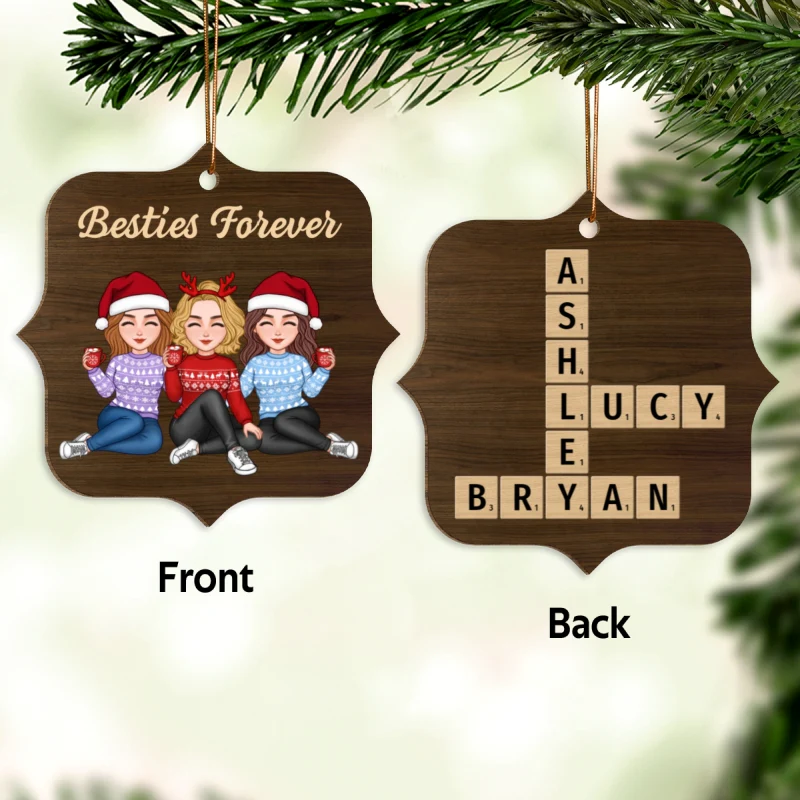 Besties Forever Unique Crossword Puzzle Art Christmas Gift For Best Friends Personalized Double Sided Wooden Ornament - Image 7