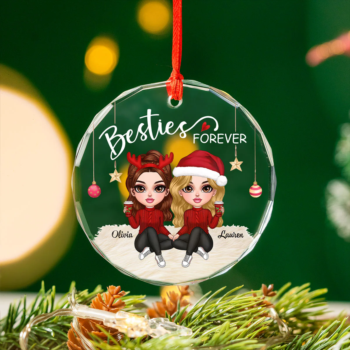 Besties Forever Y2K Best Friends Personalized Glass Ornament, Friendship Christmas Gift - Image 2