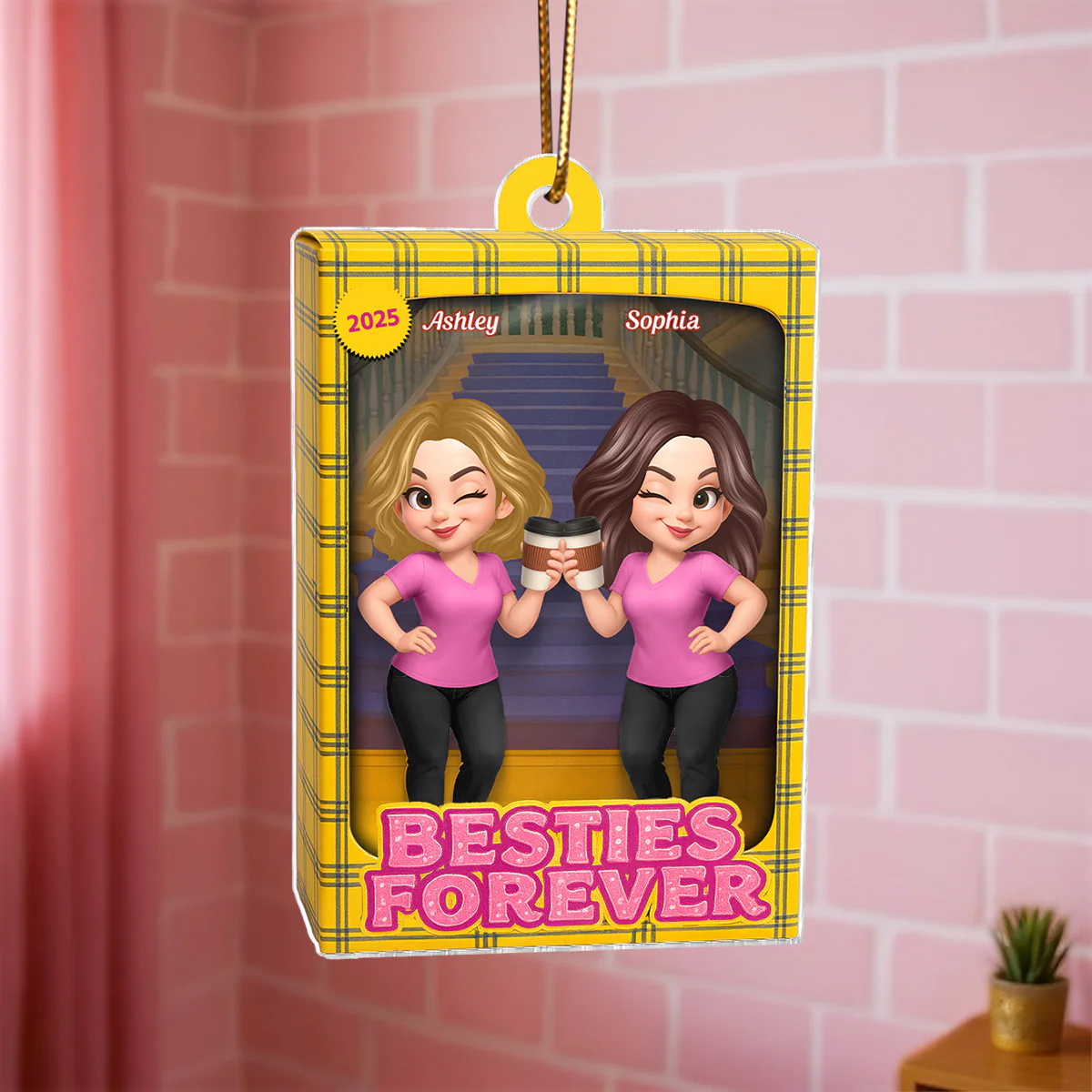 Besties Forever Yellow Plaid Toy Box Style - Personalized Acrylic Ornament - Christmas Gift For Best Friends - Image 4