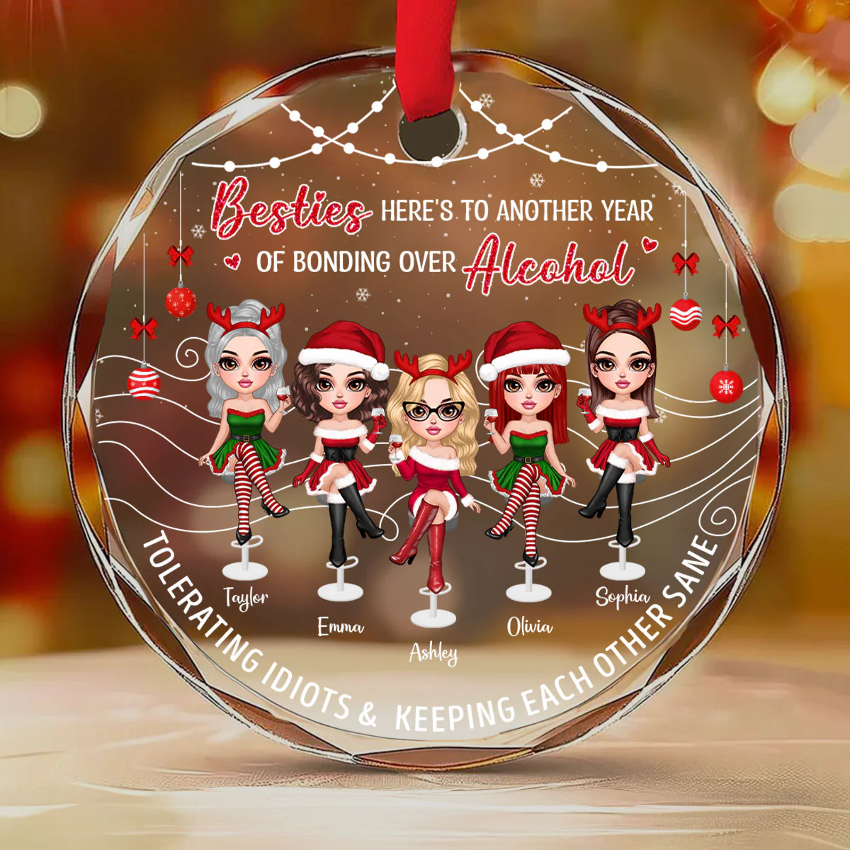 Besties Here's To Another Year Of Bonding Over Alcohol Personalized Glass Ornament, Funny Christmas Gift For Best Friends - Image 2
