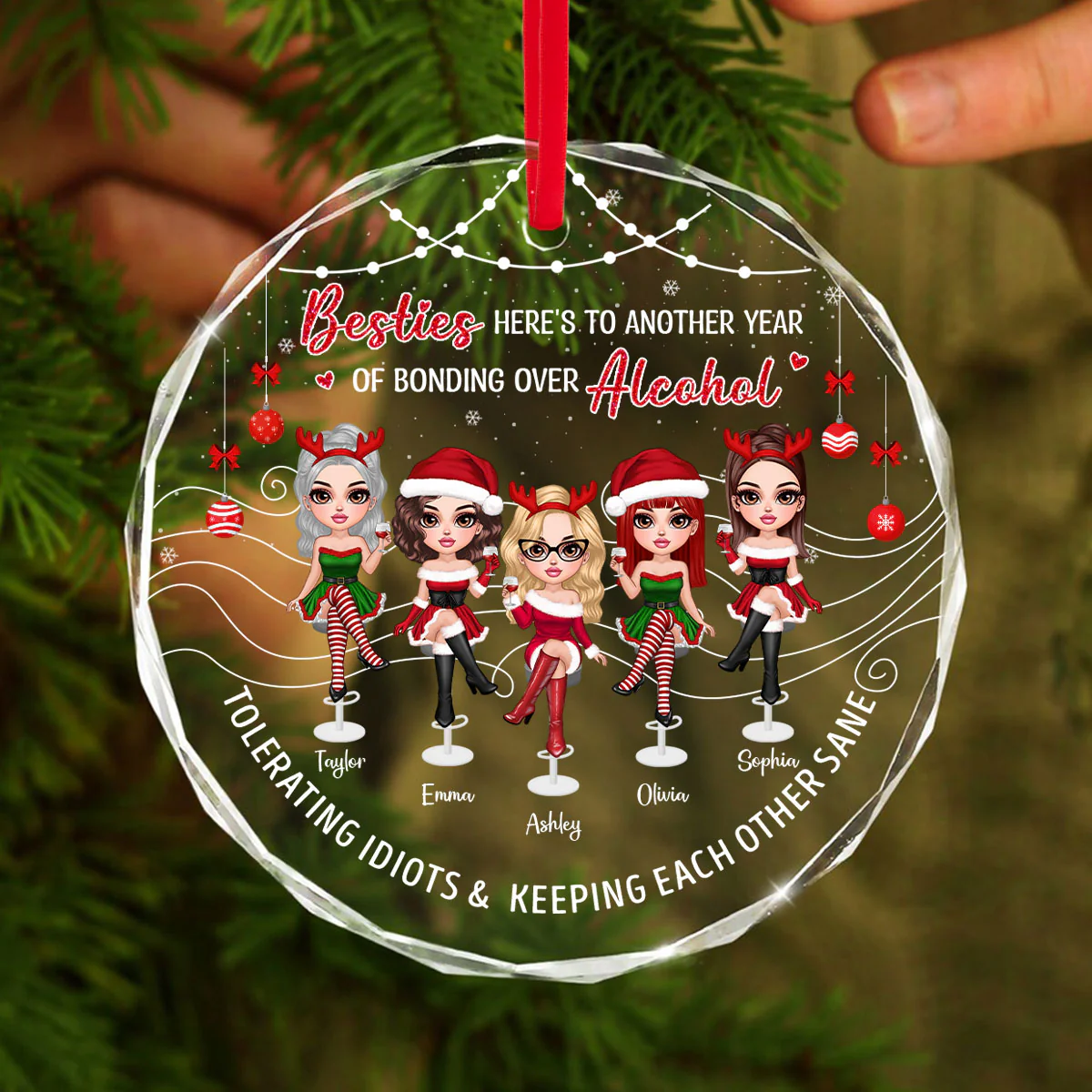 Besties Here's To Another Year Of Bonding Over Alcohol Personalized Glass Ornament, Funny Christmas Gift For Best Friends - Image 3