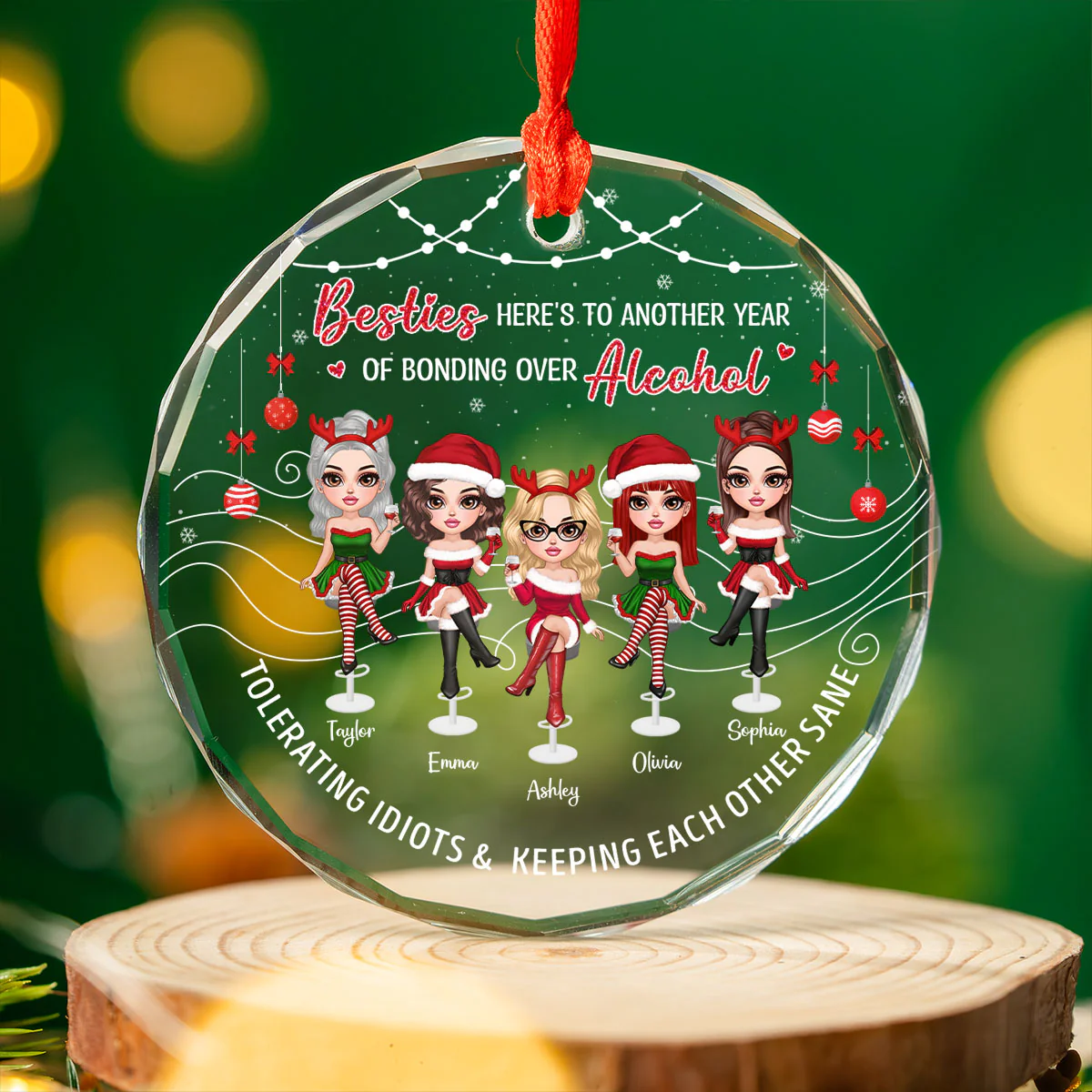 Besties Here's To Another Year Of Bonding Over Alcohol Personalized Glass Ornament, Funny Christmas Gift For Best Friends - Image 4