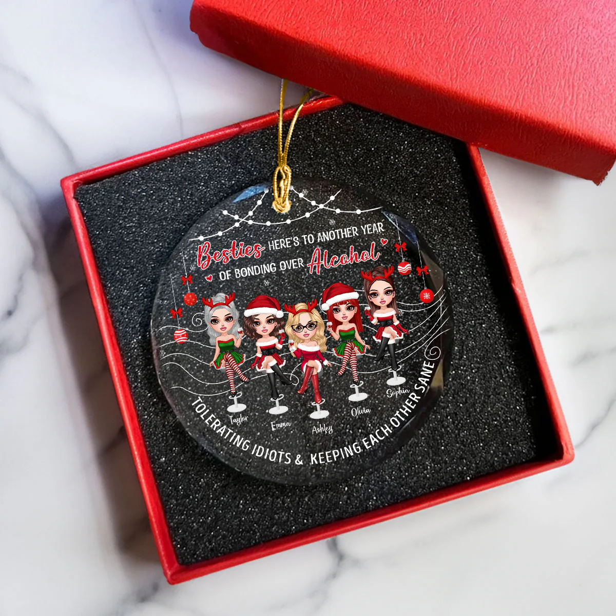 Besties Here's To Another Year Of Bonding Over Alcohol Personalized Glass Ornament, Funny Christmas Gift For Best Friends - Image 5