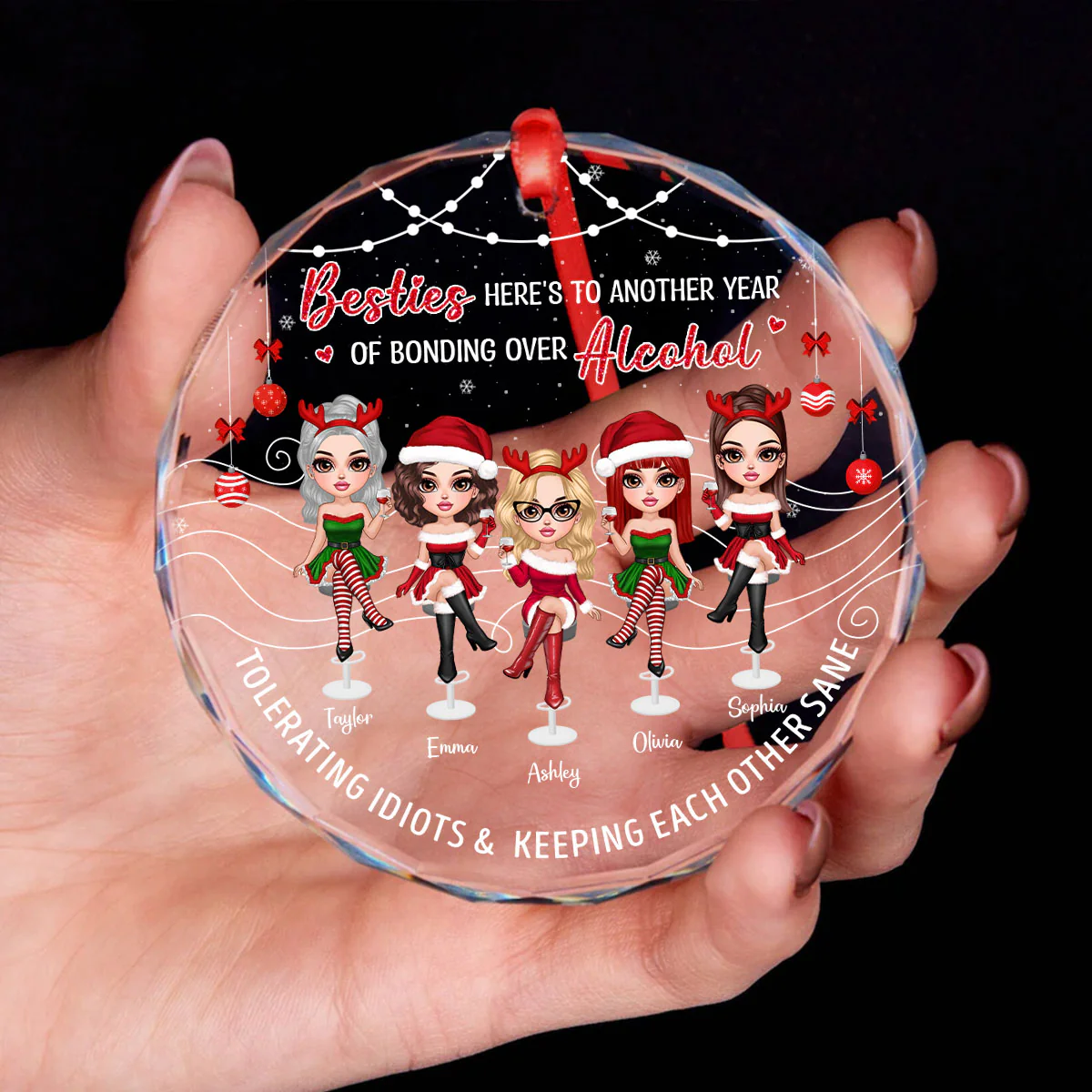 Besties Here's To Another Year Of Bonding Over Alcohol Personalized Glass Ornament, Funny Christmas Gift For Best Friends - Image 7