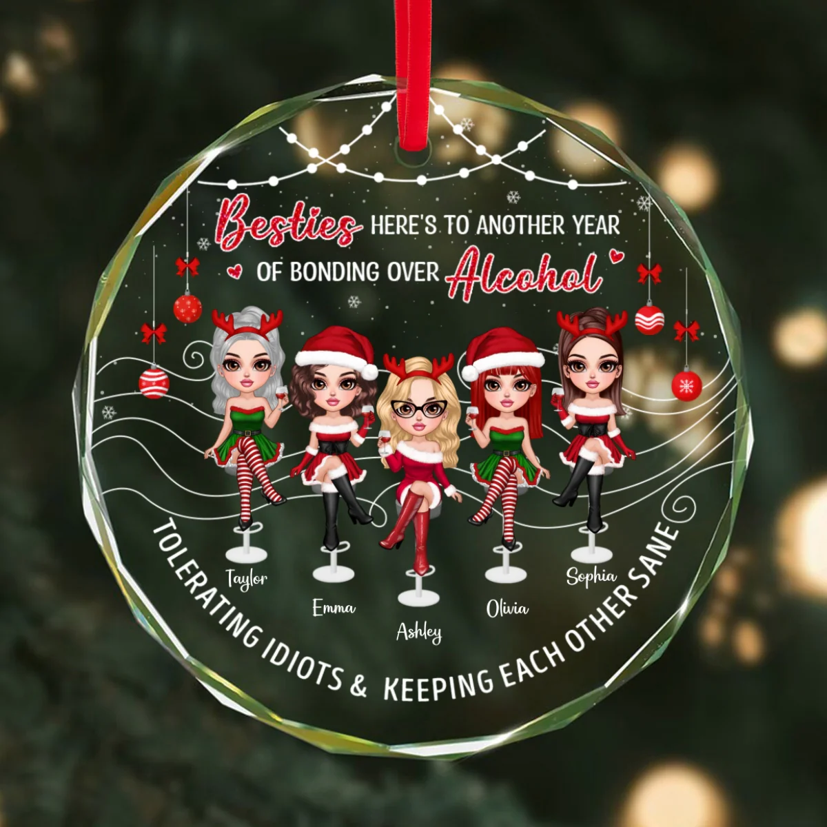 Besties Here's To Another Year Of Bonding Over Alcohol Personalized Glass Ornament, Funny Christmas Gift For Best Friends - Image 9