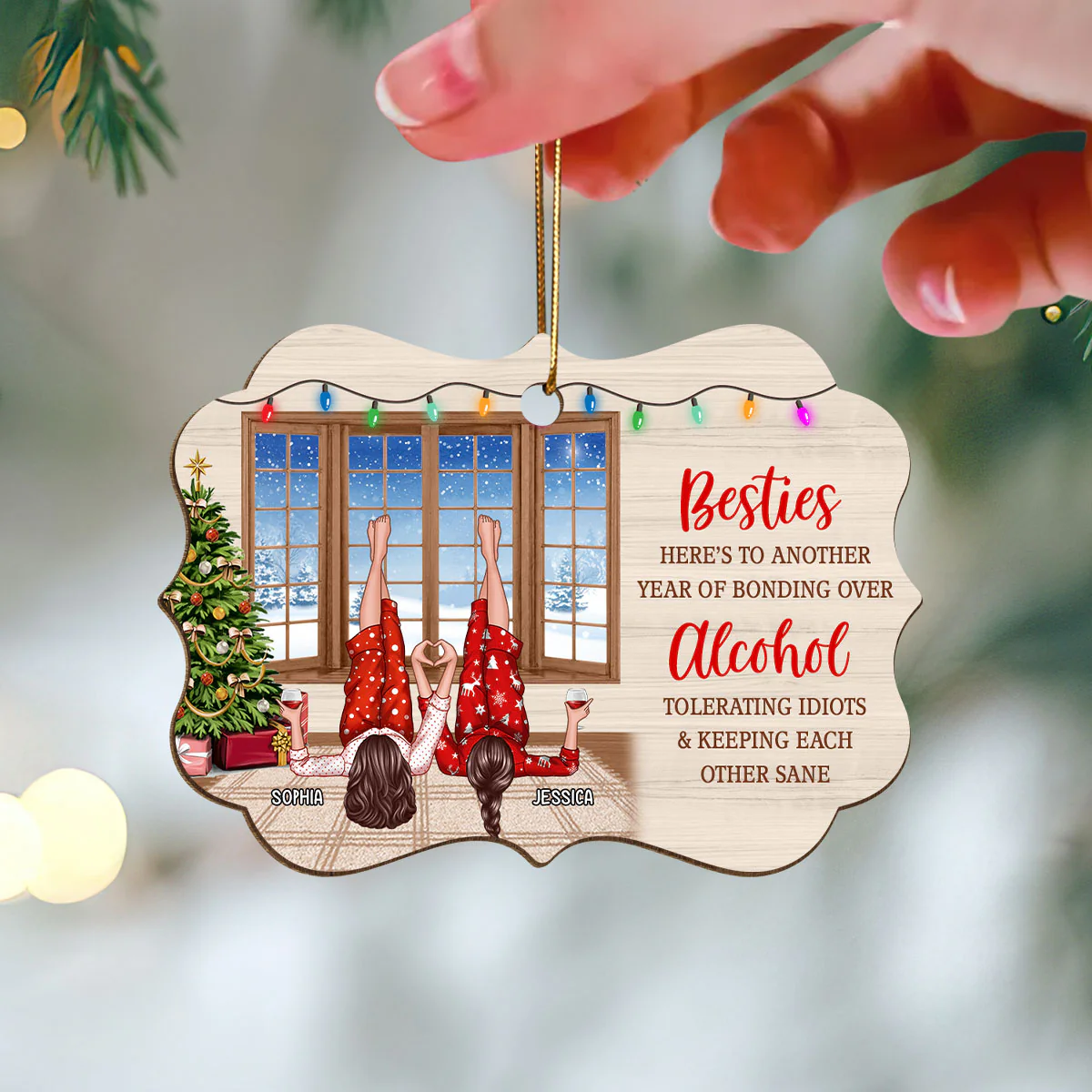 Besties Here's To Another Year Of Bonding Over Personalized Wooden Ornaments, Bestie Laying On Couch Christmas Ornament, Unique Gift For Bestie - Image 2