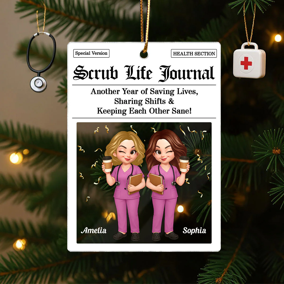 Besties in Scrubs Times Nurse Besties Personalized Acrylic Ornament, Christmas Gift For Coworkers - Image 3
