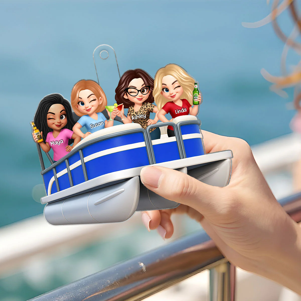 Besties On Pontoon Boat 3D Effect Personalized Acrylic Ornament Keepsake - Image 6