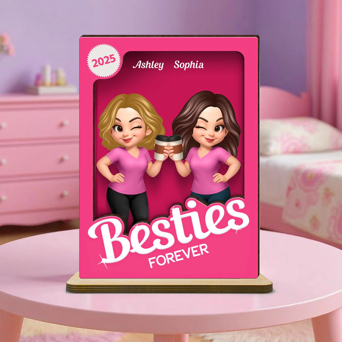 Besties Partner In Crime Pink 3D Effect Action Figure Personalized 2-Layer Standing Wooden Plaque - Image 2