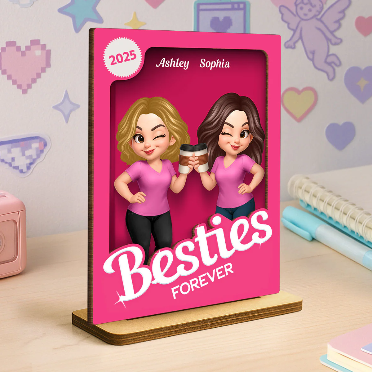 Besties Partner In Crime Pink 3D Effect Action Figure Personalized 2-Layer Standing Wooden Plaque - Image 3