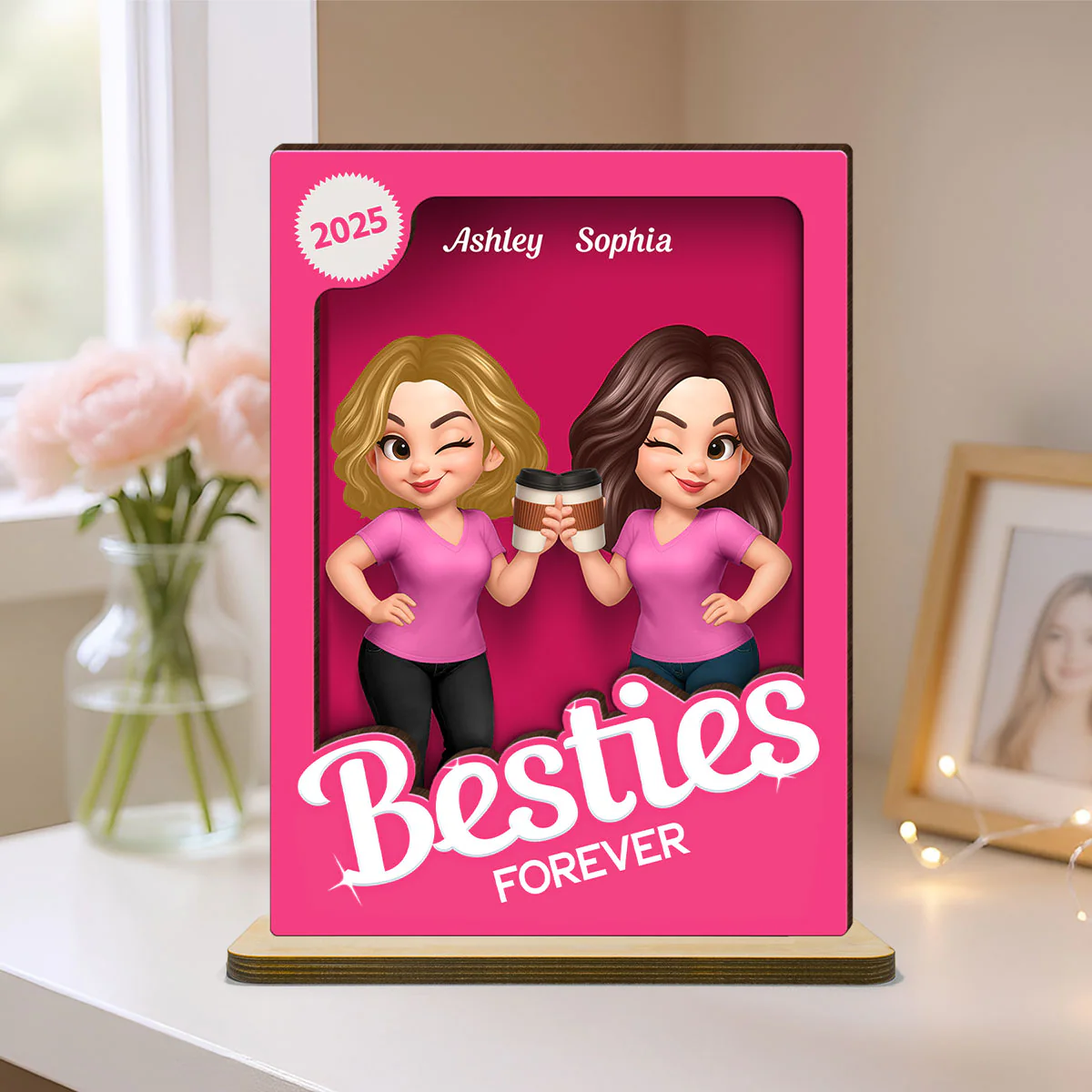 Besties Partner In Crime Pink 3D Effect Action Figure Personalized 2-Layer Standing Wooden Plaque - Image 4