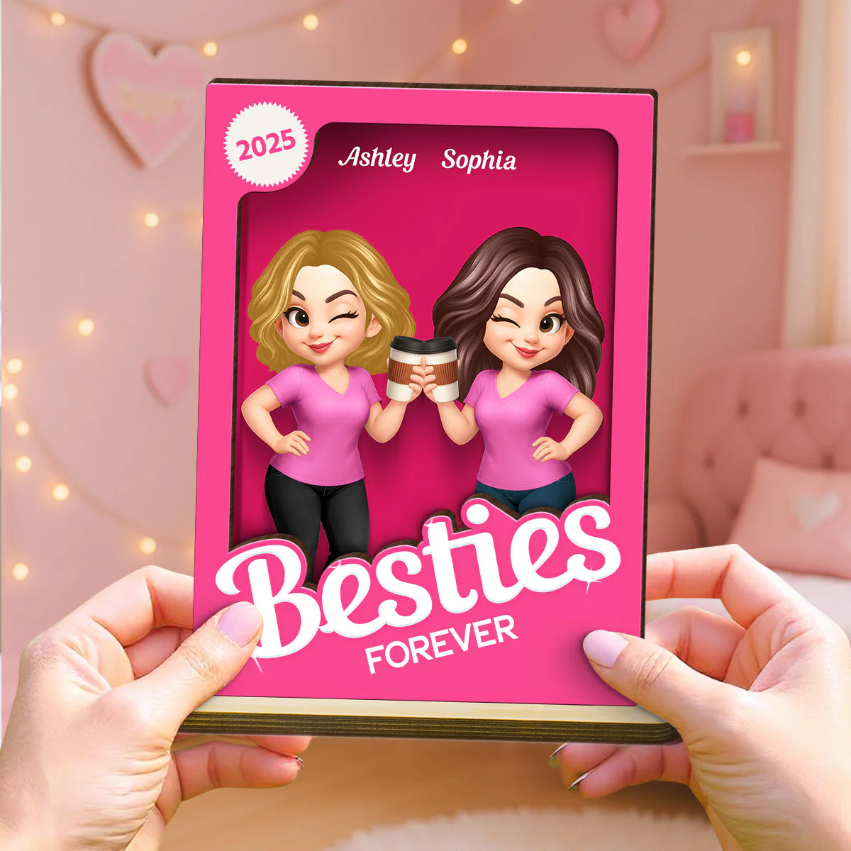 Besties Partner In Crime Pink 3D Effect Action Figure Personalized 2-Layer Standing Wooden Plaque - Image 5