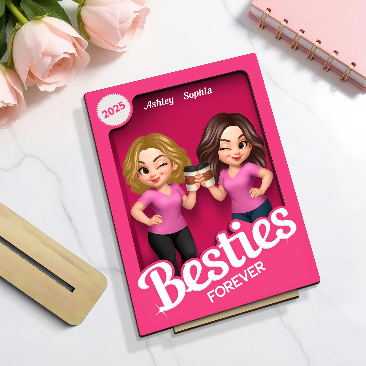 Besties Partner In Crime Pink 3D Effect Action Figure Personalized 2-Layer Standing Wooden Plaque - Image 6